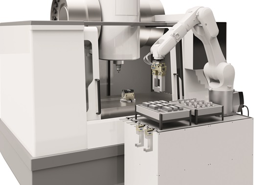 Il sistema di cambio rapido automatico BSWS-R consente di cambiare le dita sulla pinza in modo rapido e automatico, con estrema facilit&agrave; e permette di utilizzare un&rsquo;unica pinza per movimentare pezzi diversi (Foto: &copy;SCHUNK).